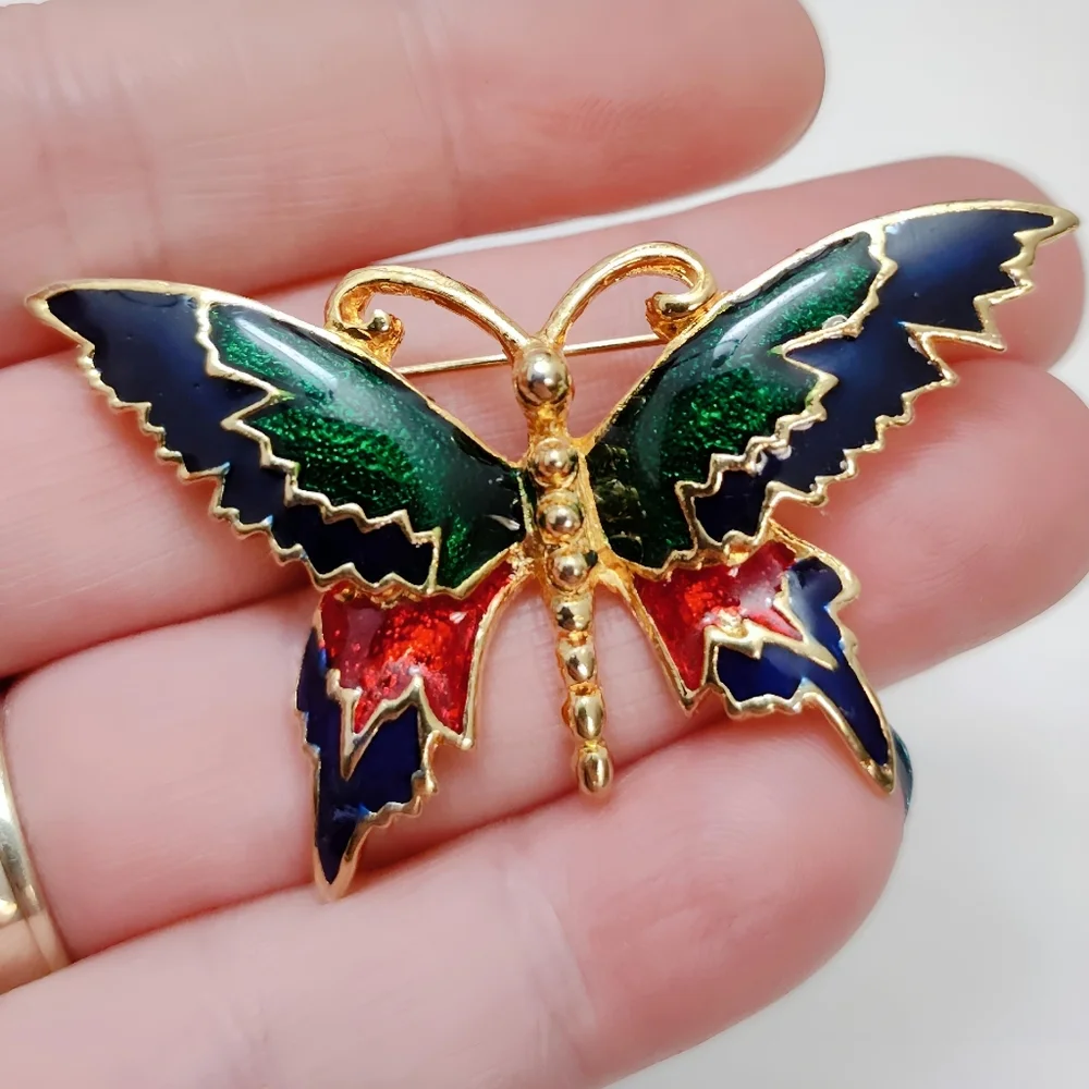 💎 2/$15 Gold tone Multi color Enamel Butterfly Brooch Pin Blue Green Red - Picture 7 of 7